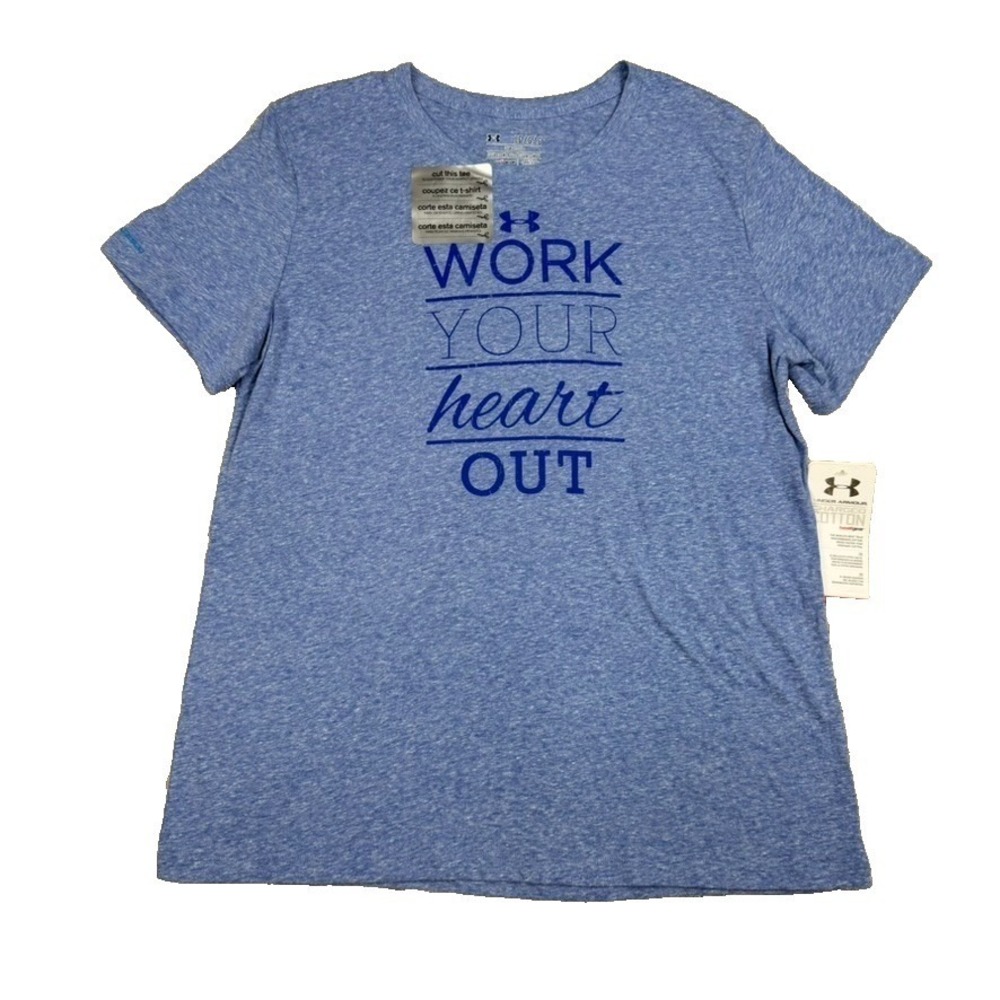Under Armour Womens‎ Shirt L Blue Work Your Heart Out HeatGear Gym Fitness